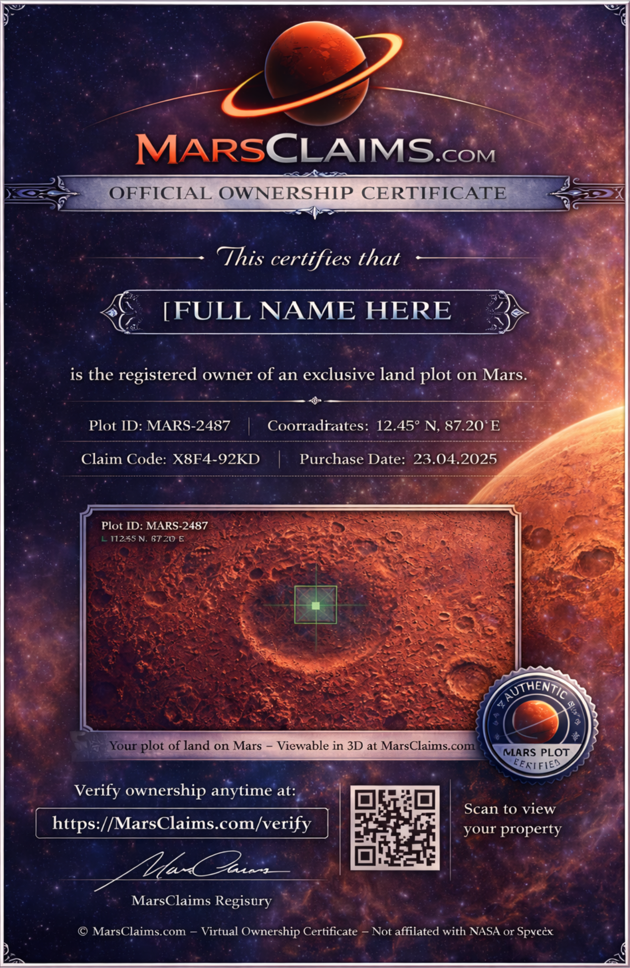 MarsClaims ownership certificate